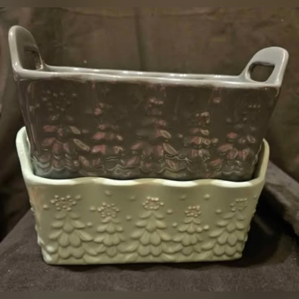 2 Temp-tations 12 oz Special Edition Ceramic Loaf Pans Mint & Grey